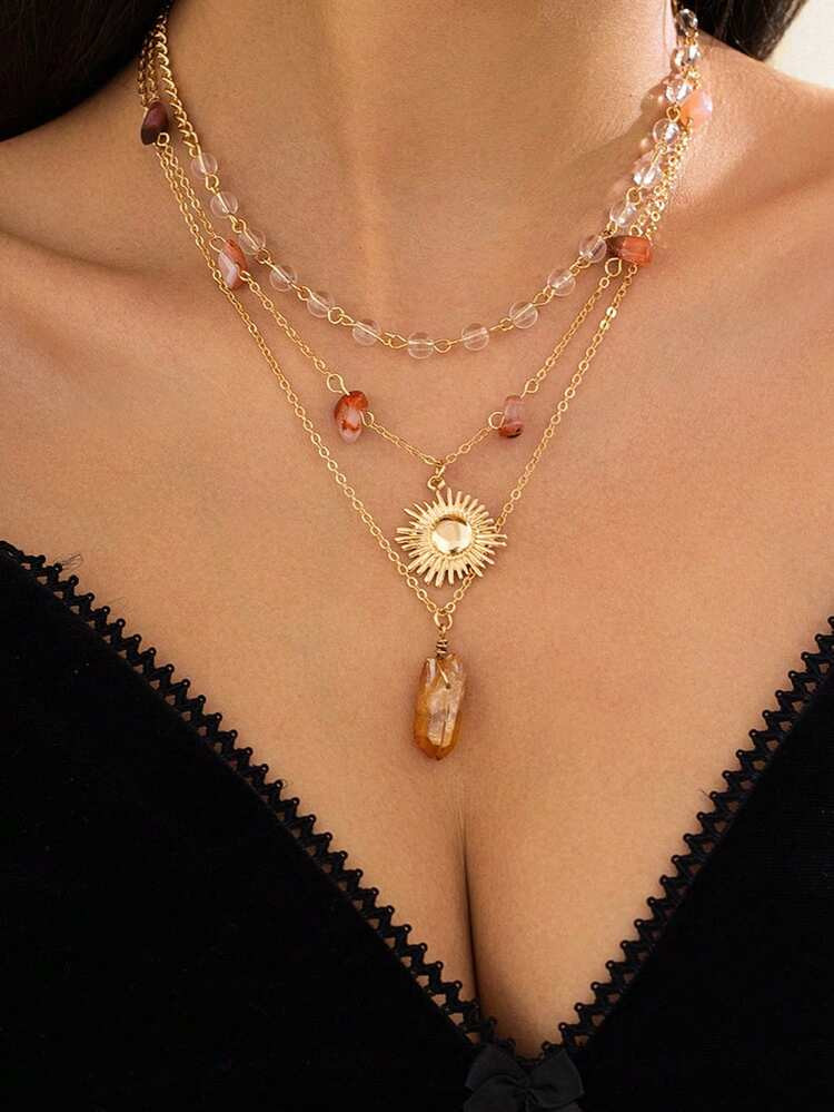 3pcs Asymmetrical Multicolor Stone Pendant Necklaces For Women, Multi-Layer Sun Shaped Tasseled Necklaces, Suitable For Parties, Gift Giving And Daily Wear | SHEIN