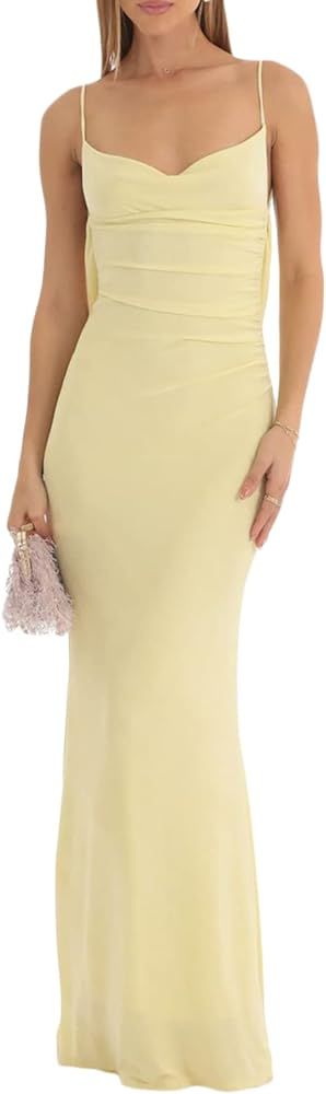 SOLILOQUY Women's Spaghetti Strap Bodycon Y2k Maxi Dress Off Shoulder Sleeveless Hip Wrap Tight D... | Amazon (US)