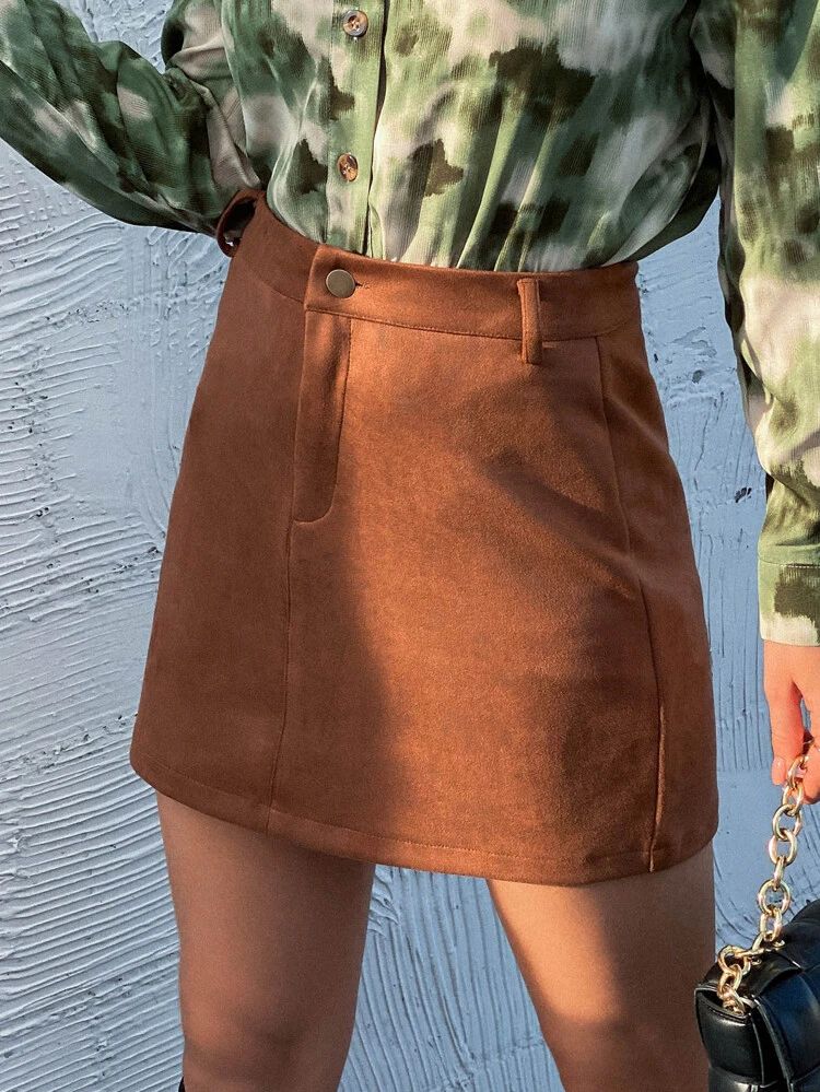 High Waist Button Fly Suede Skirt | SHEIN