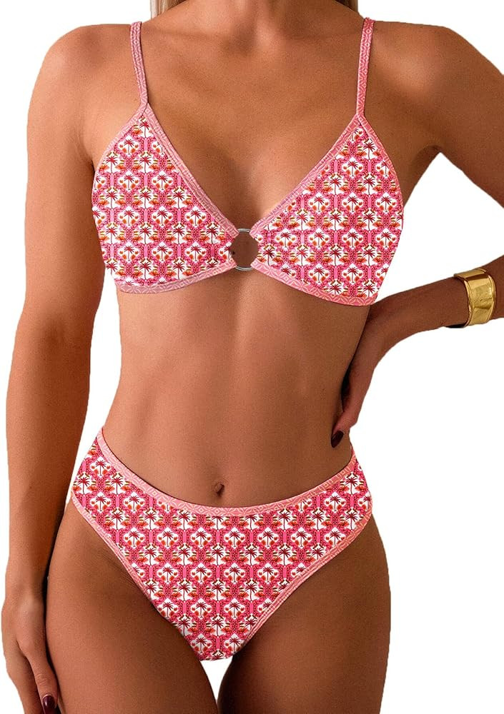 Fanuerg Women's Triangle Bikini Sets O Ring Linked Two Piece Swimsuits Floral Printed Cheeky Bath... | Amazon (US)