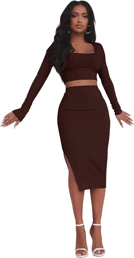 MakeMeChic Women's 2 Piece Long Sleeve Solid Crop Top and Split MIdi Skirt Set | Amazon (US)