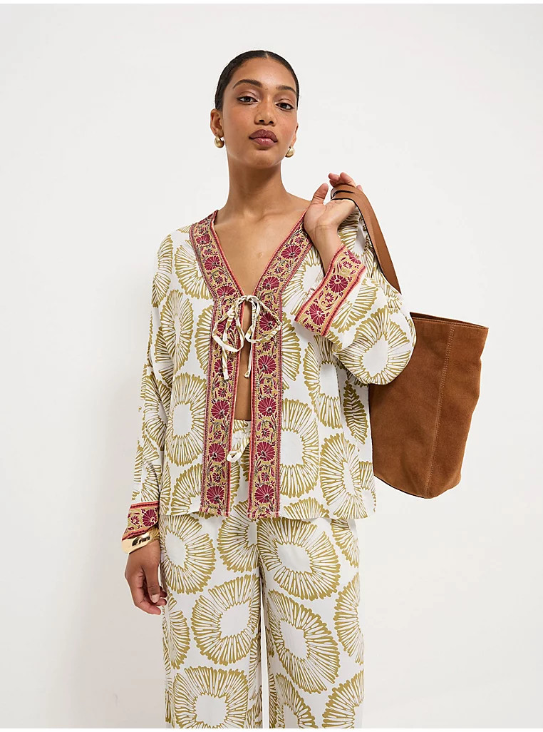 Cream Printed Tie Front Kimono and Wide Leg Trousers Set | George