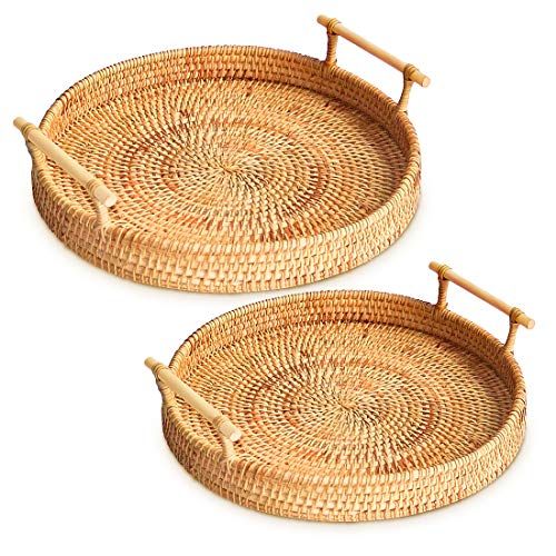 Woven Serving Tray, Rattan Round Tray, Wicker Serving Basket with Wooden Handles (12.6 inch / 32cm) | Amazon (US)