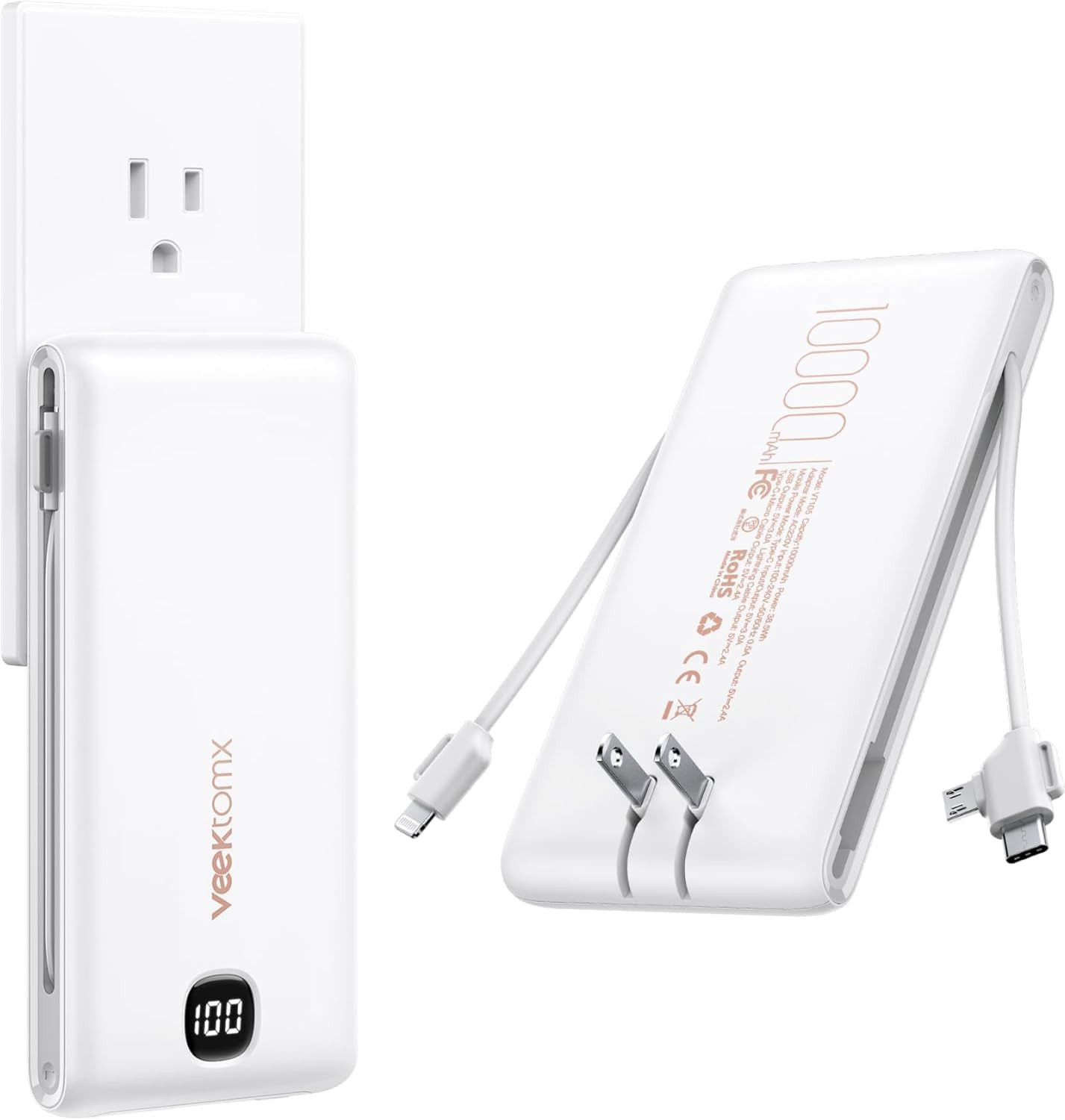 VEEKTOMX Portable Charger with Built in Cables 10000mAh, Power Bank for iPhone with Wall Plug, Tr... | Amazon (US)
