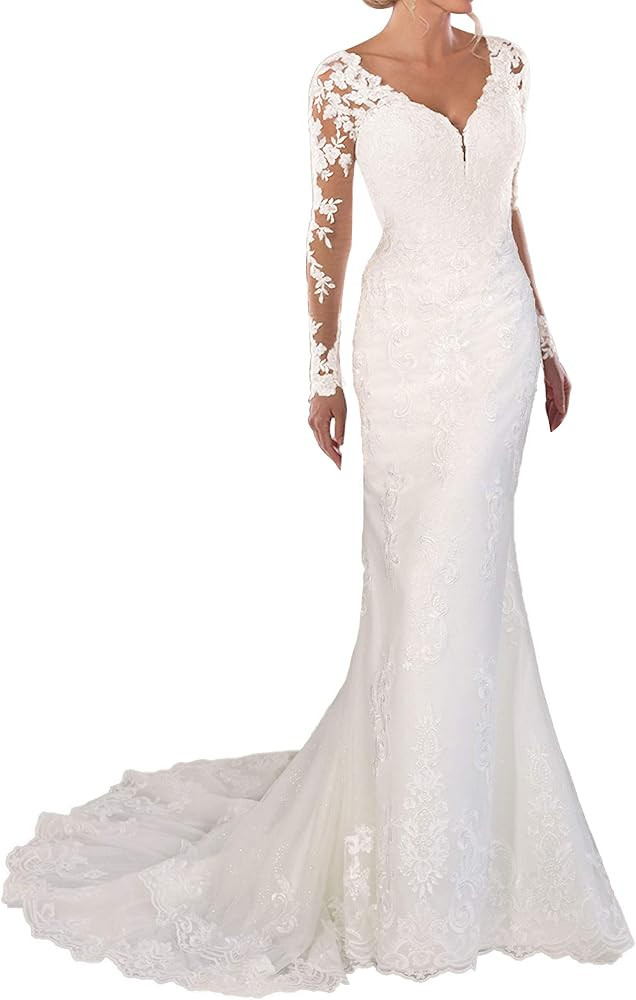 Wedding Dress Lace Bridal Gown Long Sleeves Mermaid Bride Dresses V Neck Wedding Gowns | Amazon (US)
