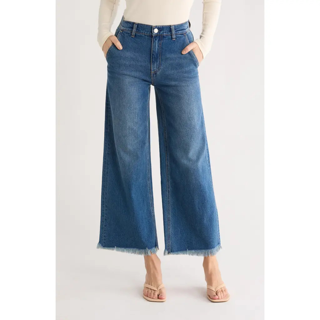 Alice + Olivia Emory High Waist Fray Hem Wide Leg Jeans in Lola Blue at Nordstrom Rack, Size 26 | Nordstrom Rack