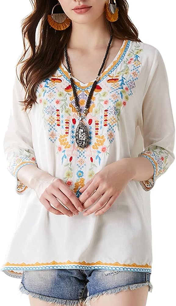 AK Women's Embroidered Tops 3/4 Sleeve Traditional Mexican Shirts for Women V Neck Peasant Tunic ... | Amazon (US)