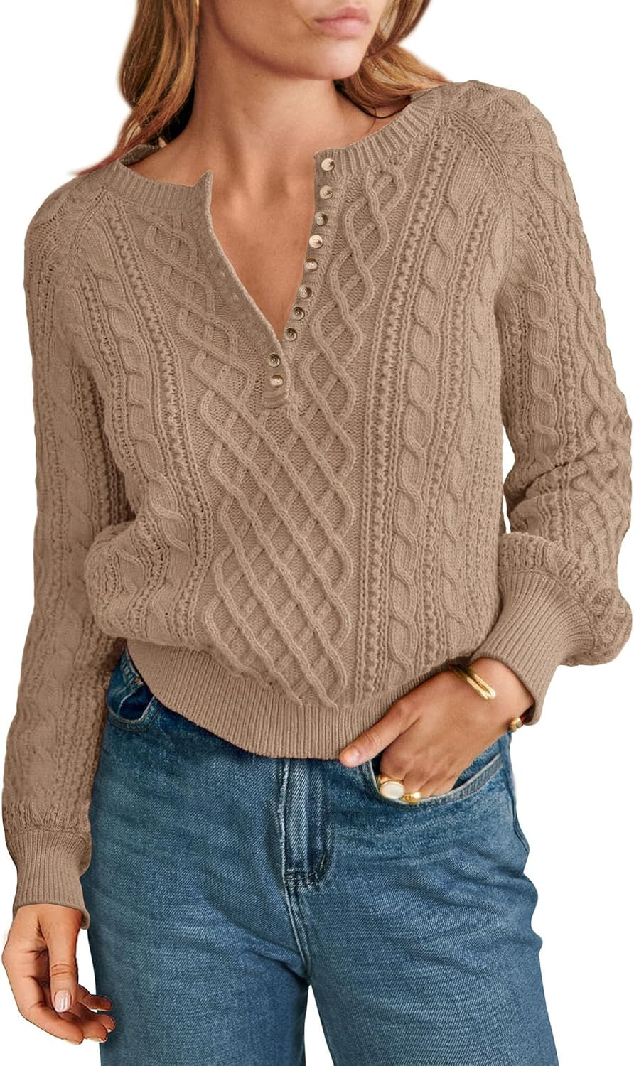 KIRUNDO Womens Sweaters 2024 Fall Winter Cute Long Sleeve Button Crew Neck Cable Knit Cropped Swe... | Amazon (US)