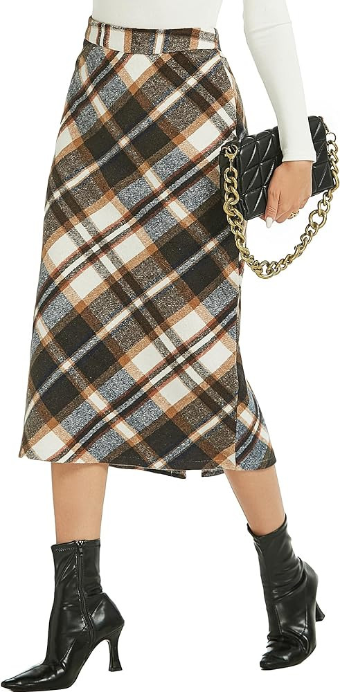 Womens Flannel Plaid Straight Vintage A Line Midi Length Long Pencil Skirt | Amazon (US)