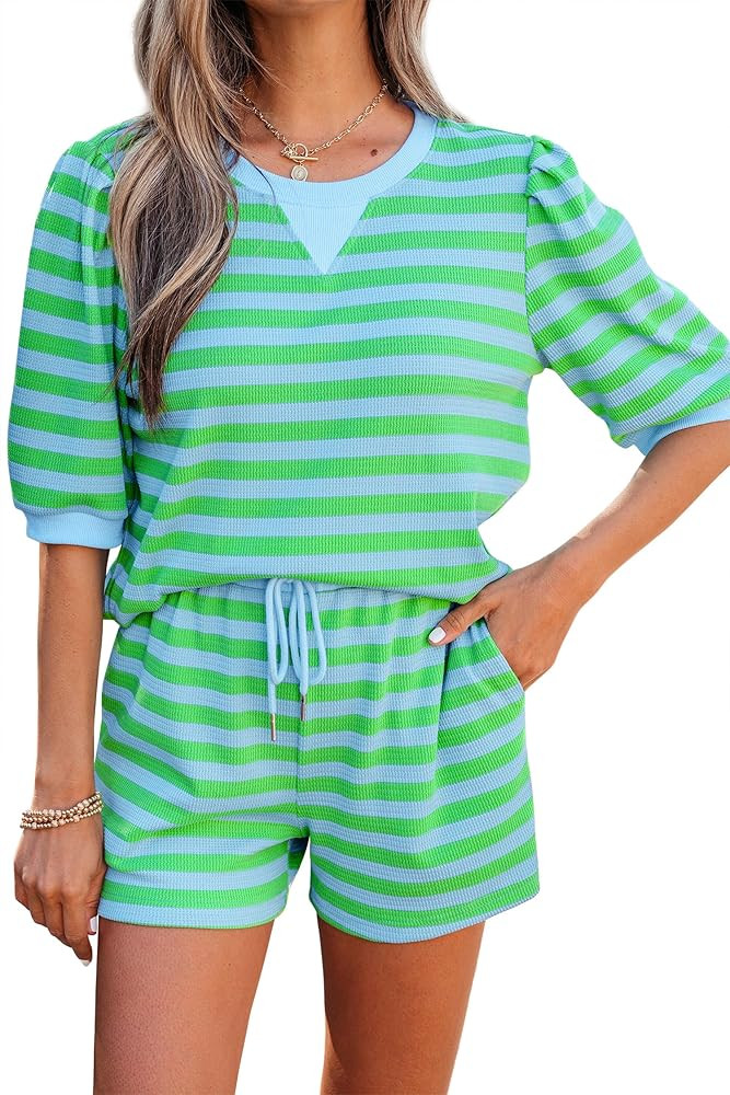 KevaMolly Womens Stripe Puff Short Sleeve T Shirt and Drawstring Shorts 2 Piece Outfit Sets Casual Loungewear | Amazon (US)