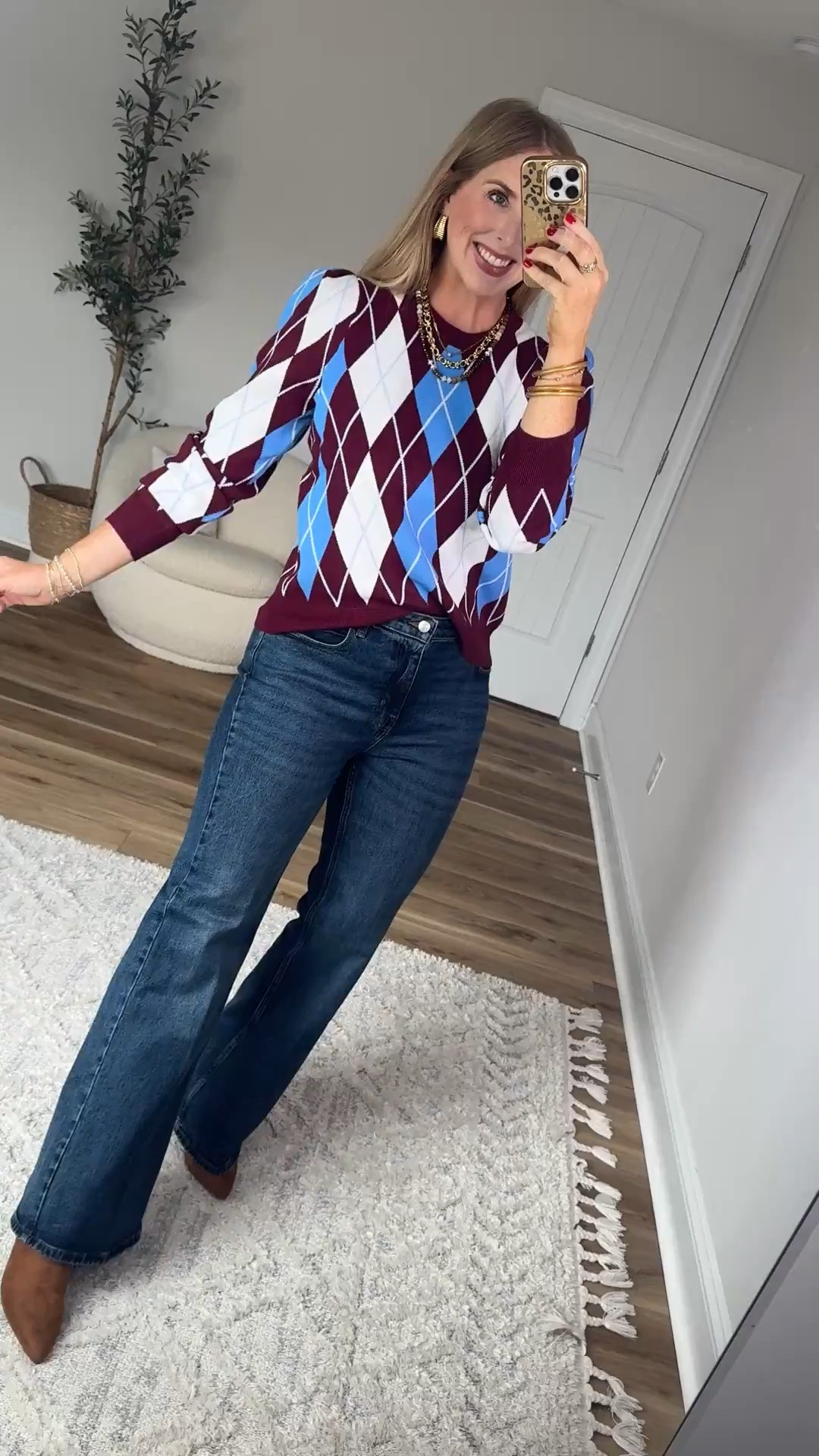 Argyle puff sleeve sweater and flare jeans from Walmart!

#LTKootd #LTKxWalmart