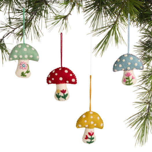 Wool Floral Flat Mushroom Ornaments Set of 4 by World Market | World Market