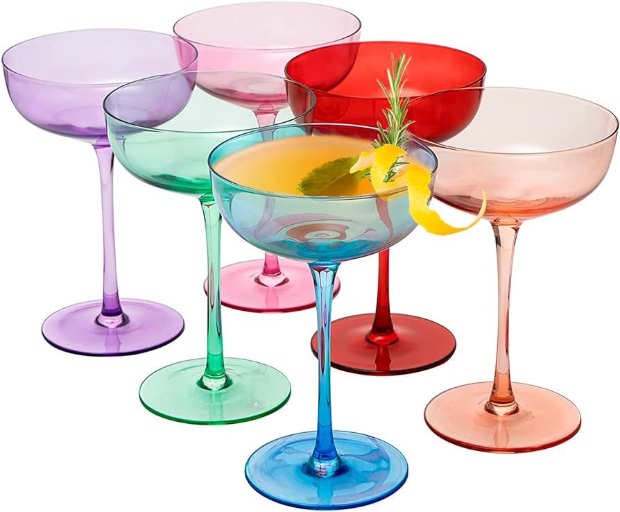 Colored Coupe Glasses | Set of 6 | 7 oz Classic Cocktail Glassware for Champagne, Martini, Manhat... | Amazon (US)