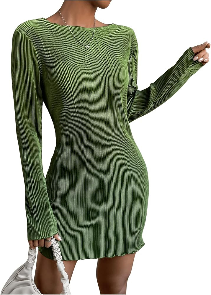 COZYEASE Women's Solid Boat Neck Fitted Pencil Dress Casual Lettuce Trim Bodycon Mini Dress Green... | Amazon (US)