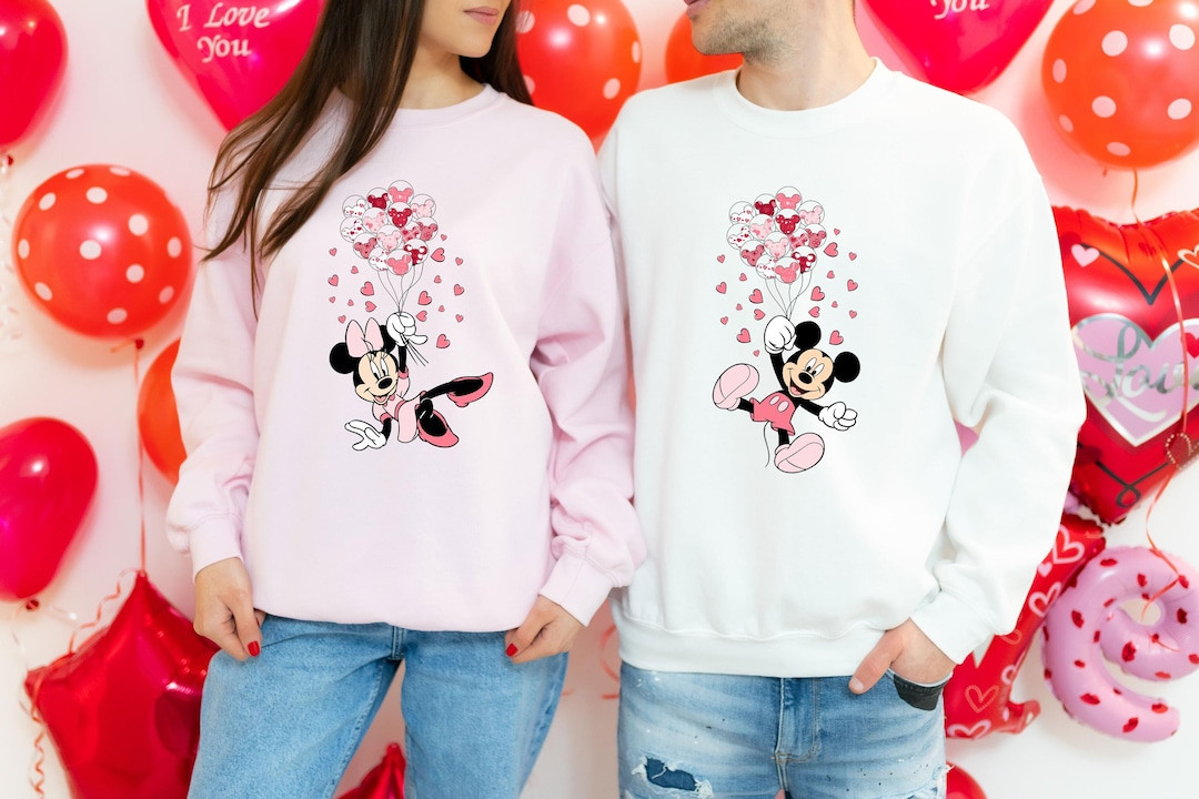 Mickey and Minnie Couple Valentines Day Sweatshirt, Mickey Balloon Valentines Day Hoodie, Gift fo... | Etsy (US)