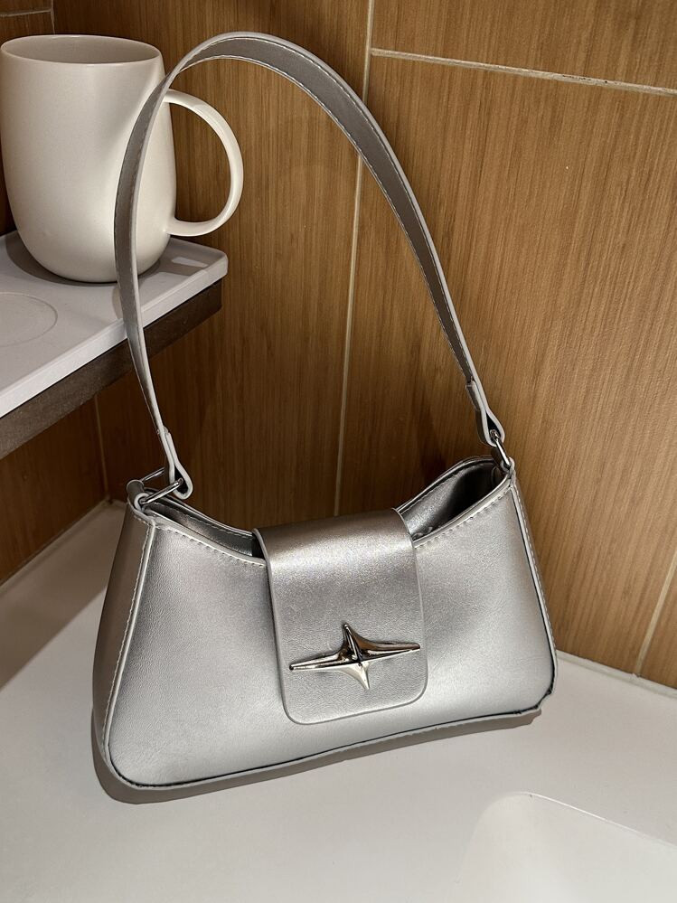 Silver Metallic Decor Pu Leather Zippered French Bag Fashionable Casual Elegant Women's Shoulder ... | SHEIN