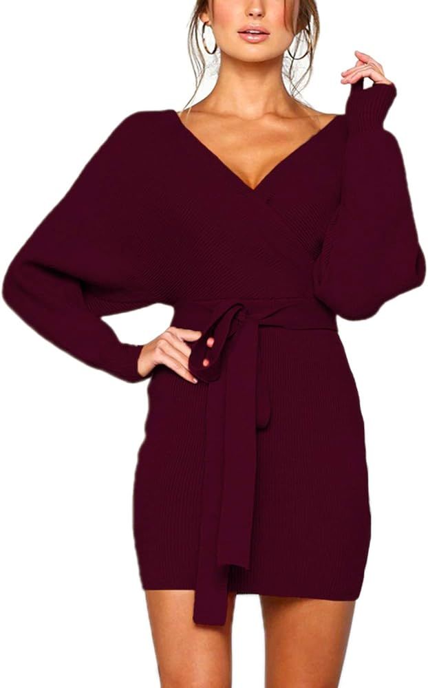 Women's Sexy Cocktail Batwing Long Sleeve Backless Mock Wrap Knit Sweater Mini Dress | Amazon (US)