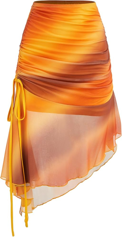 CIDER Miami Sunset Vacation Mesh Asymmetrical Hem Ruched Midi Skirt | Amazon (US)