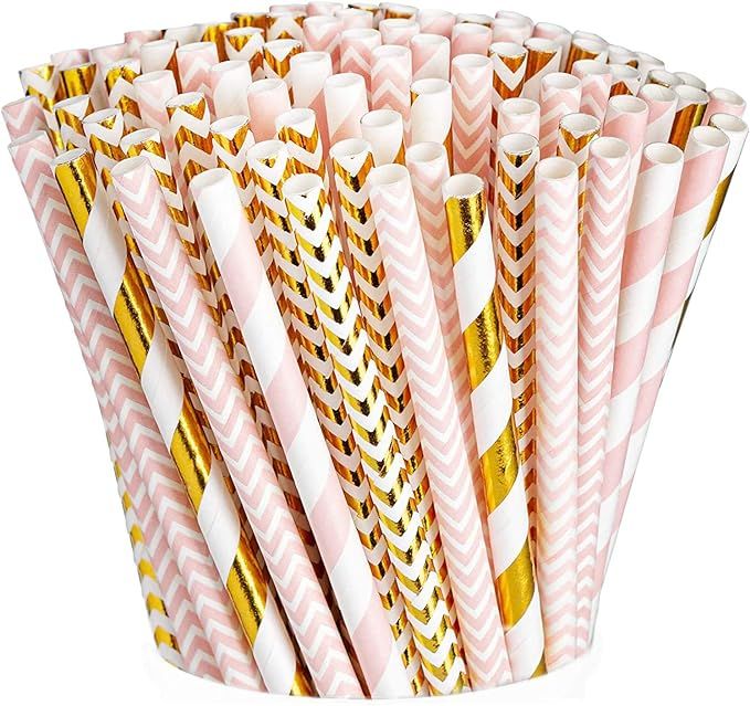 [200 Pack] Pink & Gold Paper Drinking Straws 100% Biodegradable Multi-Pattern Party Straws For Bi... | Amazon (US)