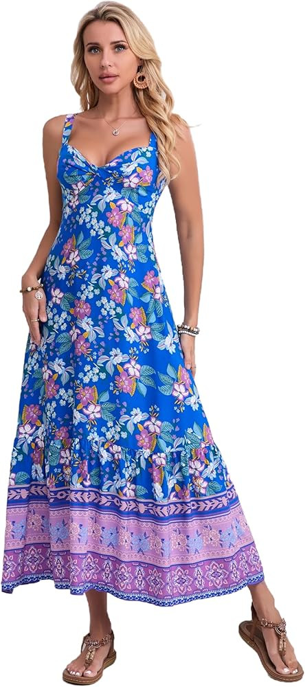 Women Boho Floral Sleeveless Adjustable Strap V Neck Maxi Dress Summer Beach Flowy Sundress | Amazon (US)