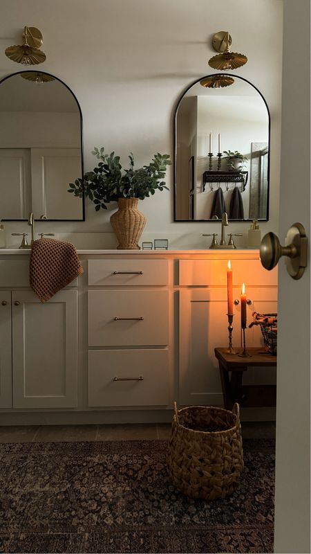 Bathroom, arch mirror, cabinet hardware, vanity light, runner rug, faucet, door knobb

#LTKhome