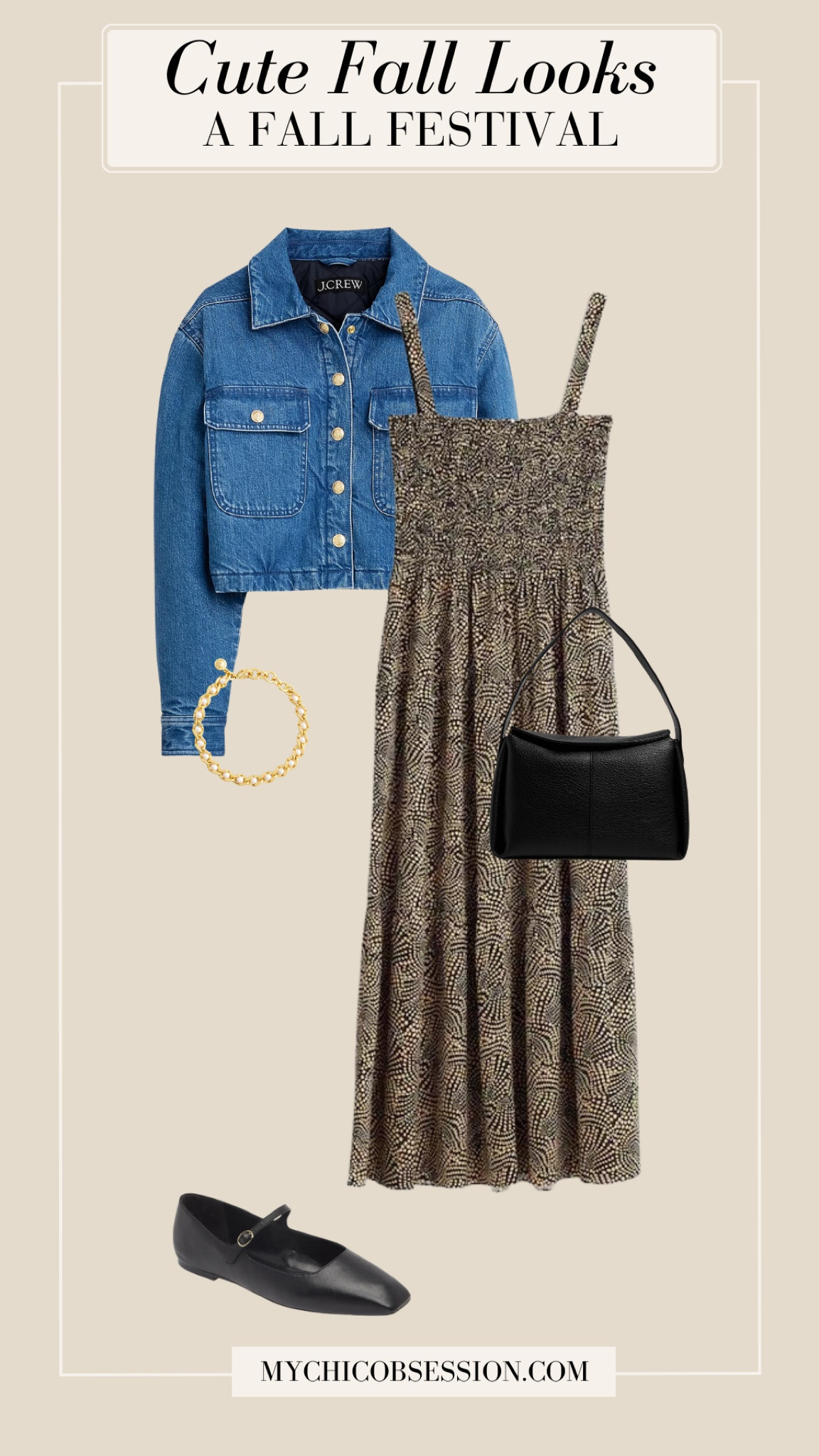 A midi dress with a smocked piece can easily transition you from summer to fall looks. Pair it with a cropped jean jacket, a gold and pearl bracelet, a black leather shoulder bag and Mary Jane flats to complete the look.

#LTKStyleTip #LTKSeasonal