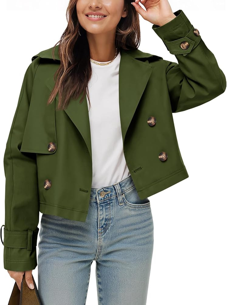 Tankaneo Womens Cropped Trench Coat Lapel Double Breasted Short Jacket Outwear | Amazon (US)
