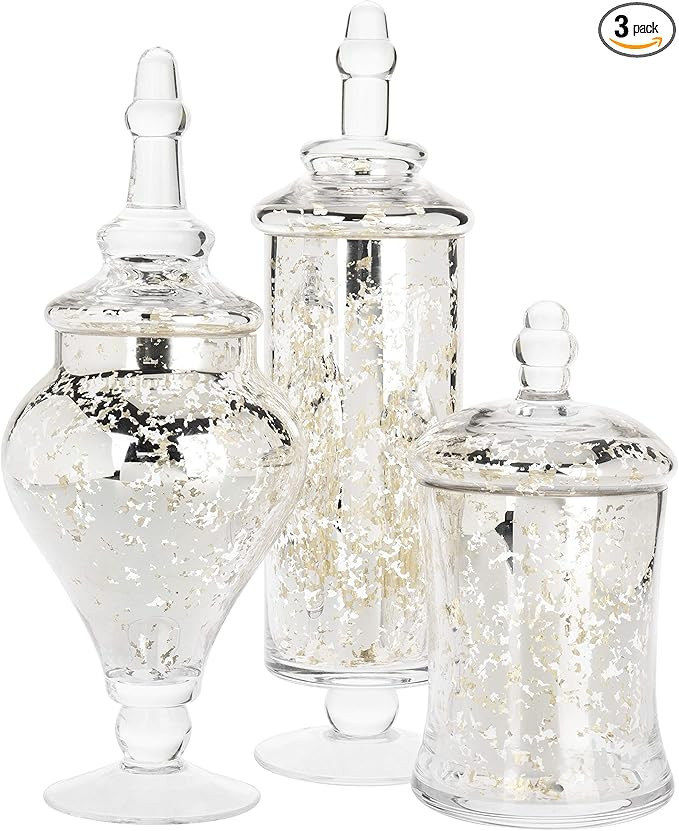 MyGift Set of 3 Silver Mercury Glass Apothecary Jars, Weddings Centerpiece Candy Buffet | Amazon (US)