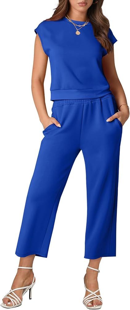 WIHOLL Two Piece Outfits for Women Summer Lounge Sets Cap Sleeve Top Wide Leg Pants Set Casual | Amazon (US)
