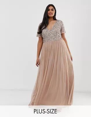Maya Plus Bridesmaid v neck maxi tulle dress with tonal delicate sequins in taupe blush | ASOS (Global)