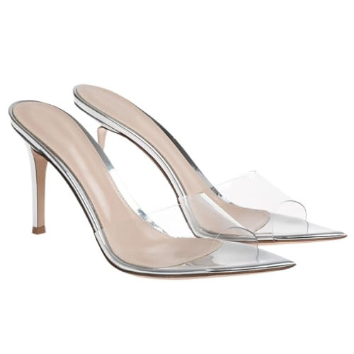 WYUETRA Women's Clear Pointed Toe Slingback Stilettos Heel Sandals Fashion Sexy Comfortable Summer Open Toe Backless Slip On Dress Slides Sandals for Casual Outdoor Party Work Wedding (Silver,8.5) | Amazon (US)