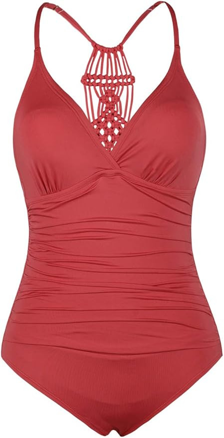 Firpearl Women's One Piece Swimsuits V Neck Hand-Braid Macrame Ruched Slimming Tummy Control Swim... | Amazon (US)