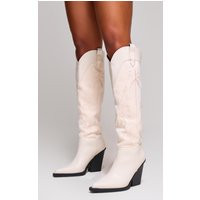 Cream Faux Suede Knee High Stitch Block Heel Western Boots | PrettyLittleThing US