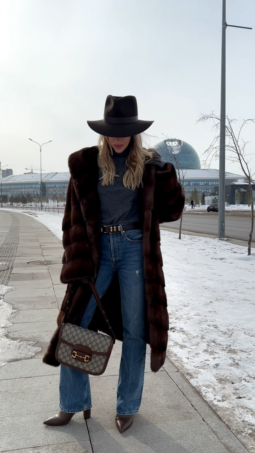 Brown fur coat outfit, bootcut jeans, fur coat with jeans outfit, @Janessa Leone chocolate brown wool hat, Gucci bag

#LTKSeasonal #LTKSaleAlert #LTKOver40