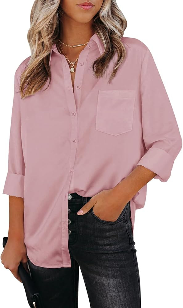 Aoudery Womens Button Down Shirts Dress Shirts Long Sleeve Wrinkle Free Collar Blouses V Neck Wor... | Amazon (US)