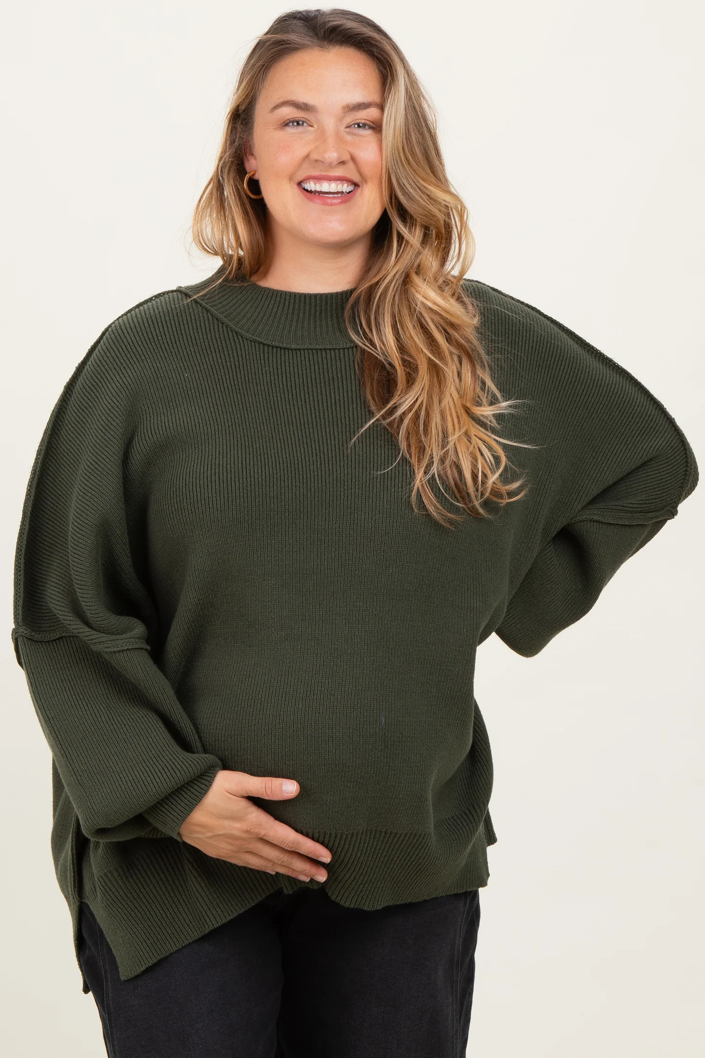 Olive Mock Neck Exposed Seam Maternity Sweater | PinkBlush Maternity