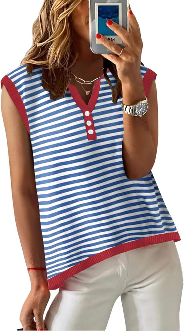 Womens Sweater Tank Top V Neck Sleeveless Buttons Striped Knit Summer Tops Casual Fit 2025 Trendy... | Amazon (US)