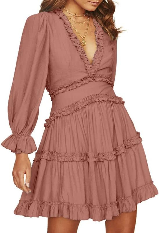 Dokotoo Womens 2023 Spring Summer Deep V Neck Ruffle Long Sleeve Floral Print Mini Dress | Amazon (US)