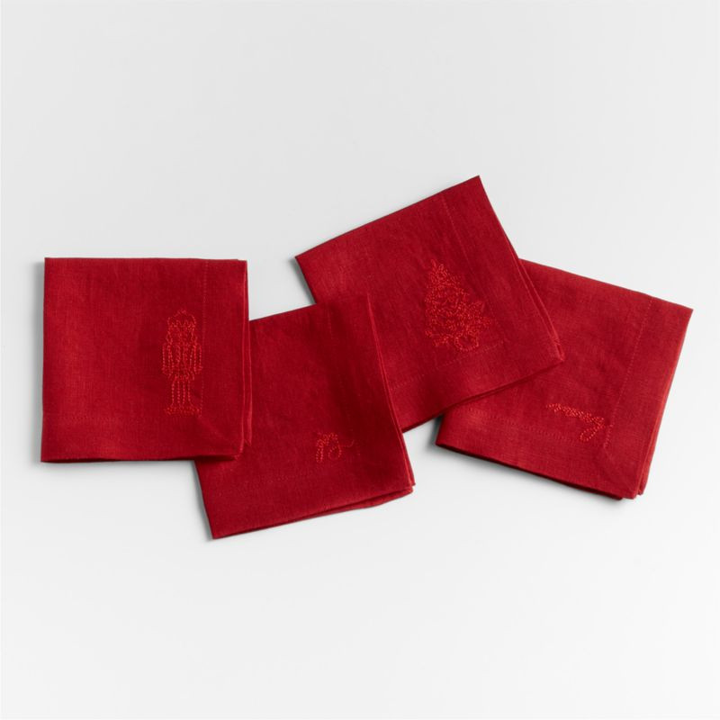Marin Merry Red Christmas Embroidered Cocktail Napkins, Set of 4 | Crate & Barrel | Crate & Barrel