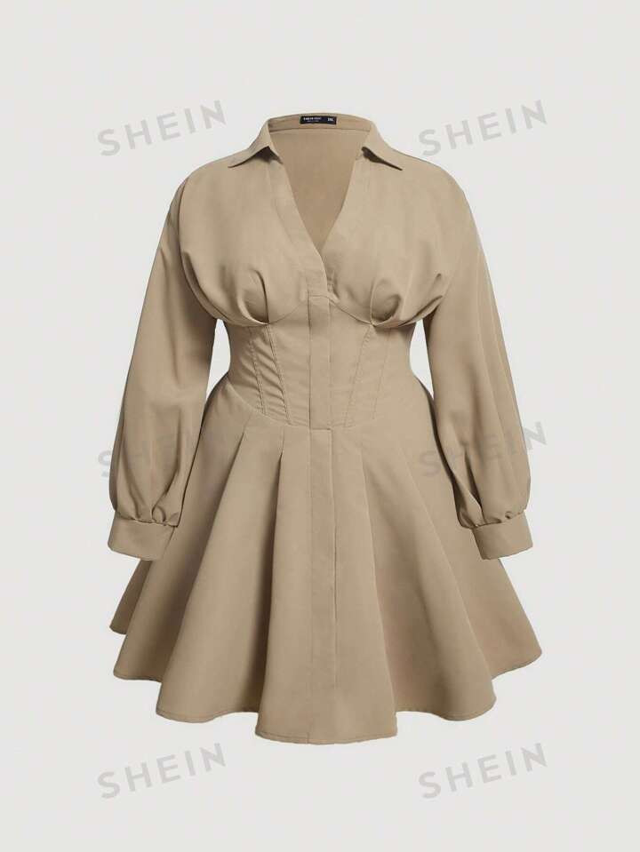 SHEIN MOD Plus Drop Shoulder Fold Pleated Detail Dress | SHEIN