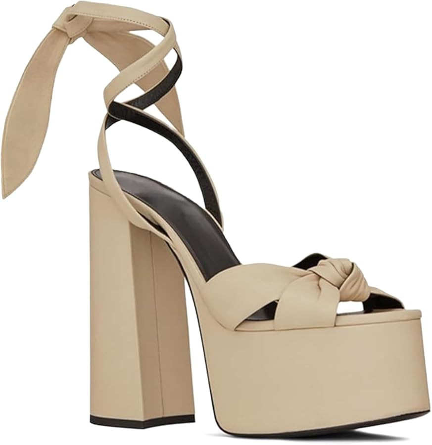 Platform Strappy Heels Sandals for Women, Chunky Heel Round Peep Toe Ankle Strap Sandals for Prom... | Amazon (US)