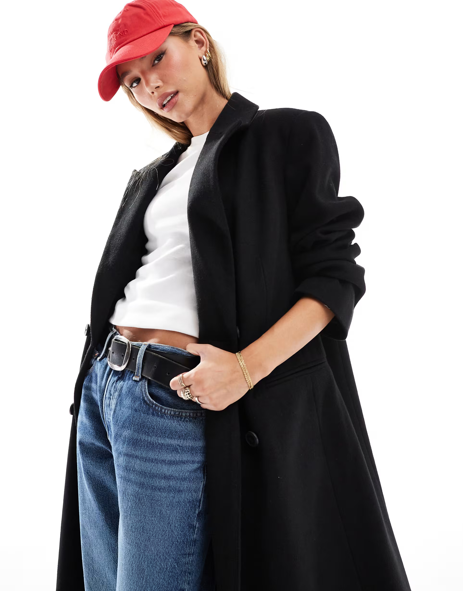 ASOS DESIGN strong shoulder dad coat in black | ASOS (Global)