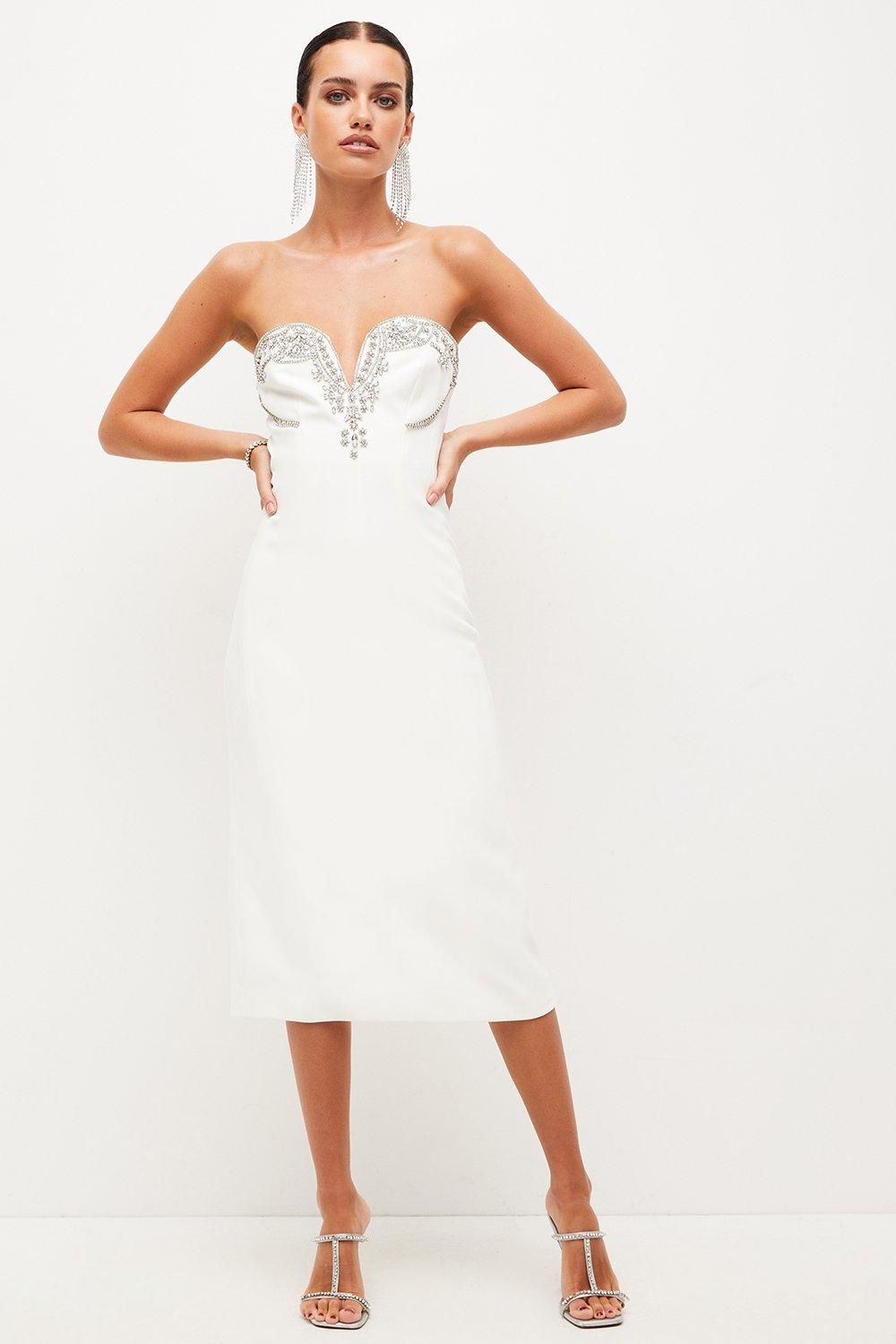 Petite Crystal Embellished Woven Corset Midi Dress | Karen Millen US