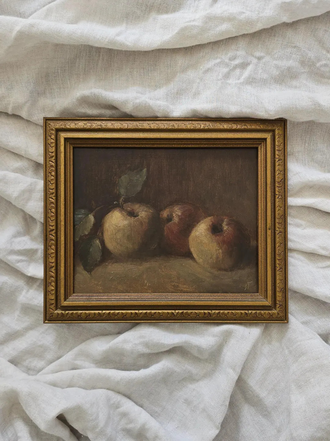 Original Apple Still Life Oil Painting on Wood Board - Framed in Vintage Ornate Gold Frame - Etsy | Etsy (US)