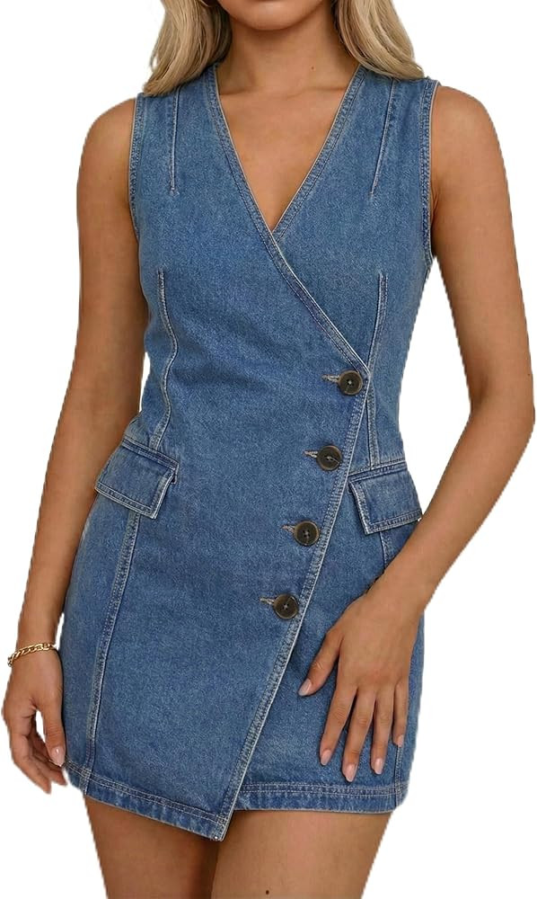 Denim Dress for Women Sleeveless V Neck A-Line Casual Summer Button Down Wrap Mini Jean Dress | Amazon (US)