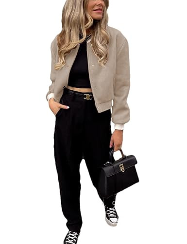 Oulivey Women's Cropped Street Bomber Jacket Long Sleeve Button Down Crop Tops Coat(0107-LightGrey-M) | Amazon (US)