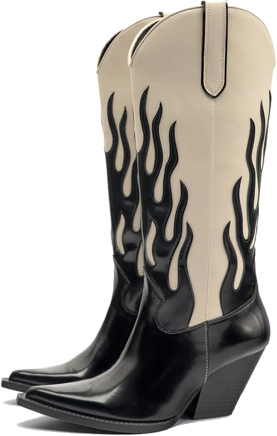 YIYA Women's Black and Ivory Flame Pattern Western Cowboy Boots Pointed Toe Chunky Heel Mid Calf ... | Amazon (US)