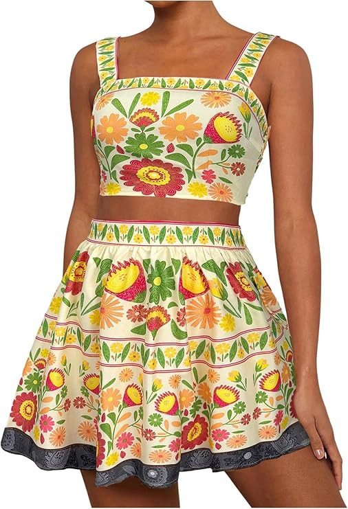 MakeMeChic Women's 2 Piece Vacation Outfits Floral Shirred Tank Top and A Line Mini Skirt Sets | Amazon (US)