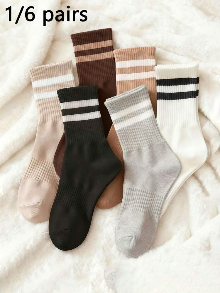 1/6 Pairs Unisex Solid Color Striped Mid-Calf Socks, Comfortable Casual Creative Everyday Versati... | SHEIN