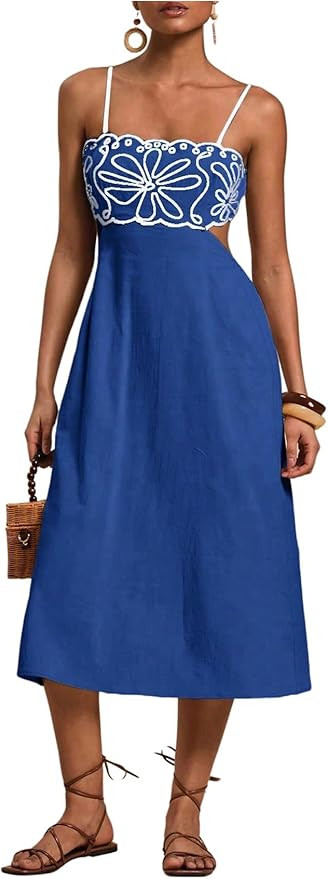 SOLY HUX Women's Midi Dress Embroidery Spaghetti Strap Cut Out A Line Flared Summer Cami Dresses | Amazon (US)